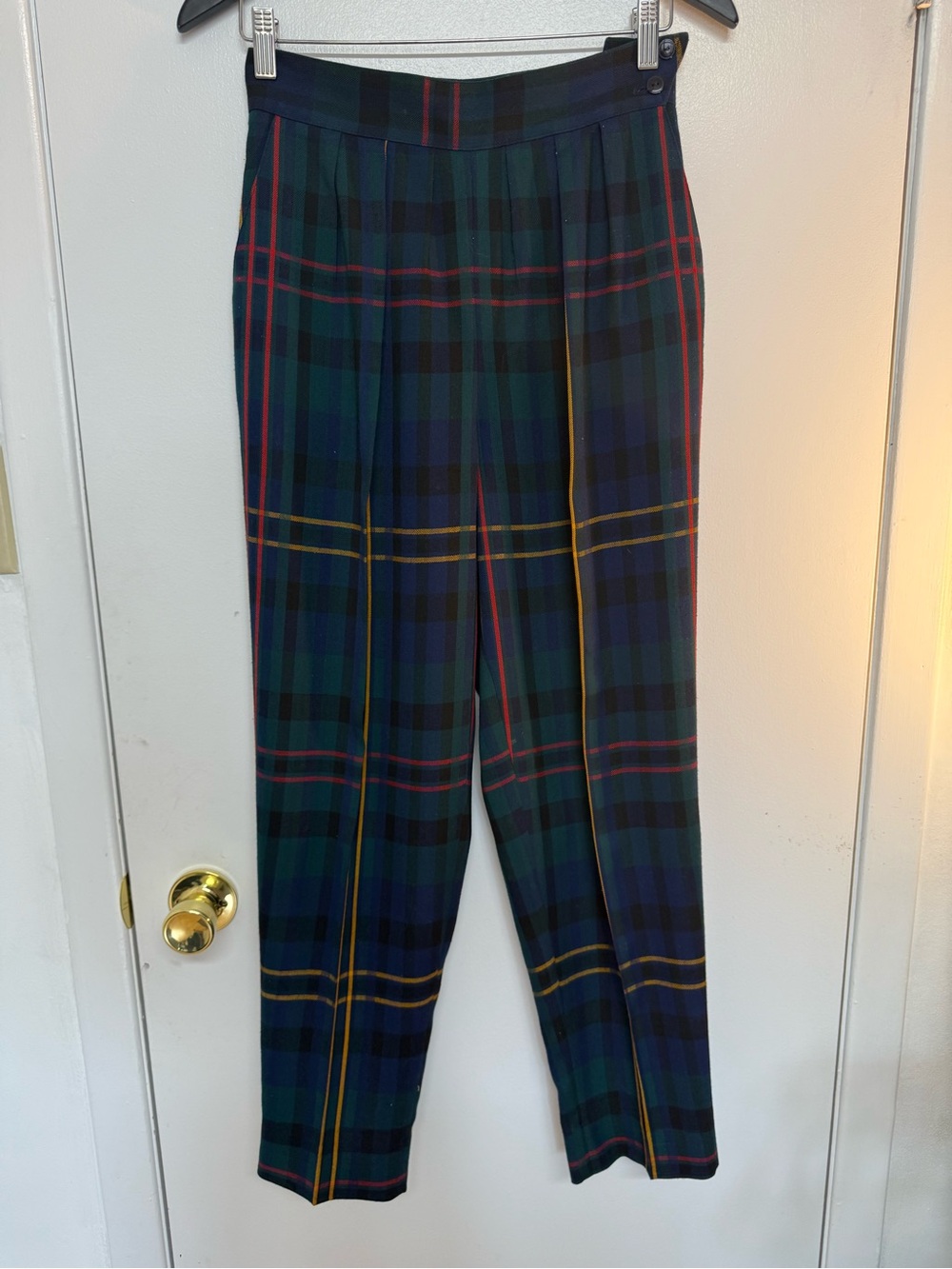 High-Waist Plaid Trousers in Green and Navy